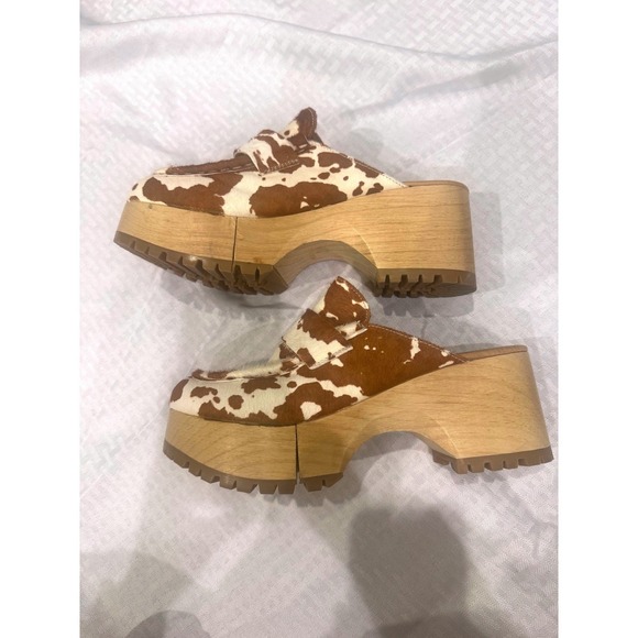 Free People Cow Print Calf Hair Platform Clogs Women 40 Brown White Lug Sole - Picture 7 of 12